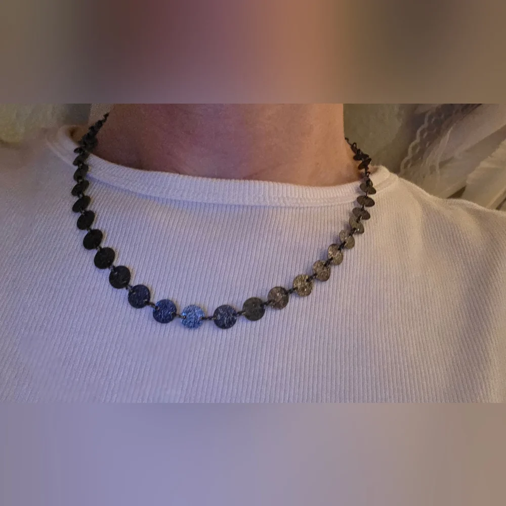 Boho Hammered Disc Coin Choker Necklace Dark Metallic Shimmer Collar